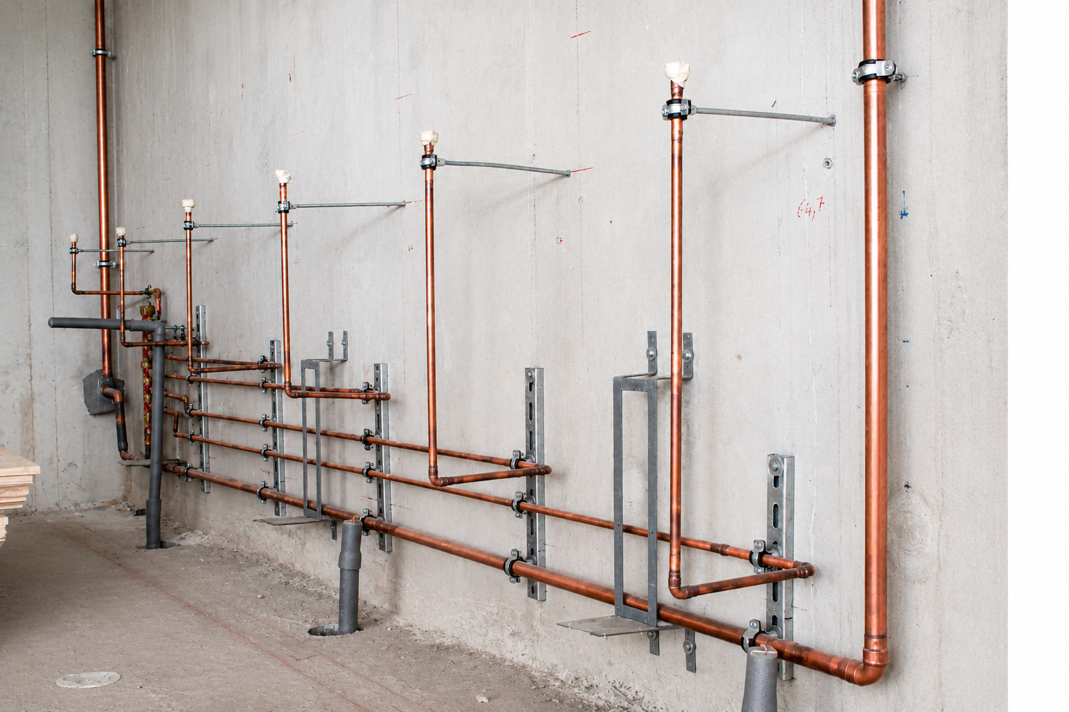 Réseau de tuyauterie en cuivre installé pour la distribution des fluides dans un bâtiment.